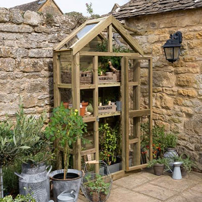 a tall wooden greenhouse containing a wide range of potted plants