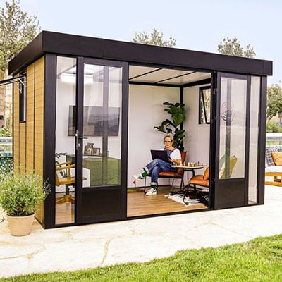 a contemporary garden office with lots of glazing and a high-specification build