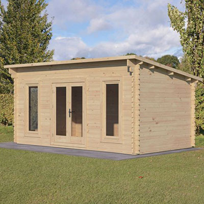 a pent log cabin with glazed double doors and 2 large windows