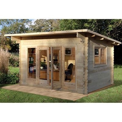 a log cabin garden office with pent roof, double doors and extensive glazing
