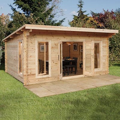 a log cabin garden officewith glazed double doors and 3 opening windows