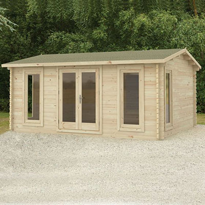 a garden log cabin with reverse apex roof, glazed double doors and 4 windows