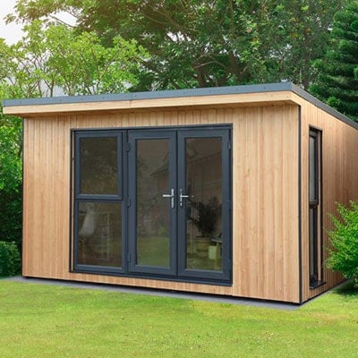a top-of-the-range insulated garden office, with glazed double doors and opening windows