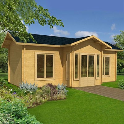 a multi-room log cabin with glazed entrance doors and 4 windows
