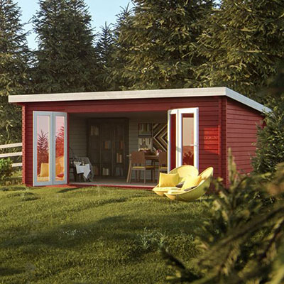 a log cabin, painted red, with bi-fold doors
