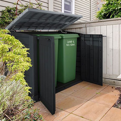 a plastic bin shed containing 2 wheelie bins