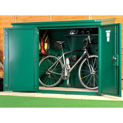 an extra-secure green metal bike shed containing a bicycle