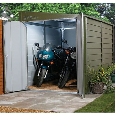 a high-security motorbike shed containing 2 motorbikes