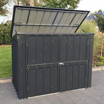 a metal double bin store with bolted double doors and a lid