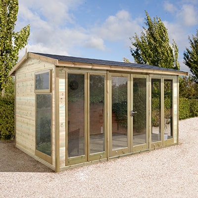 A fully glazed reverse apex wooden summer house garden room