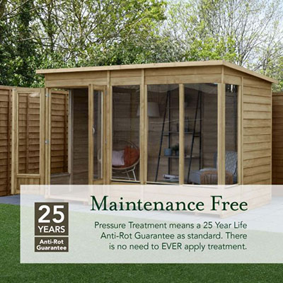 an image with written content showing a maintenance-free summerhouse with a 25-year guarantee