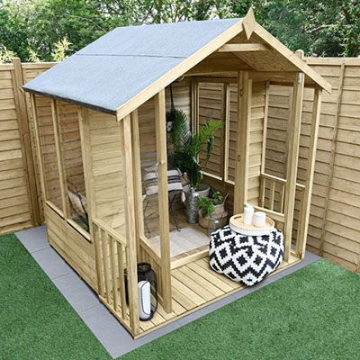 a wooden summerhouse with veranda and glazed double doors