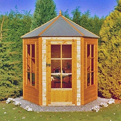 a hexagonal wooden summerhouse