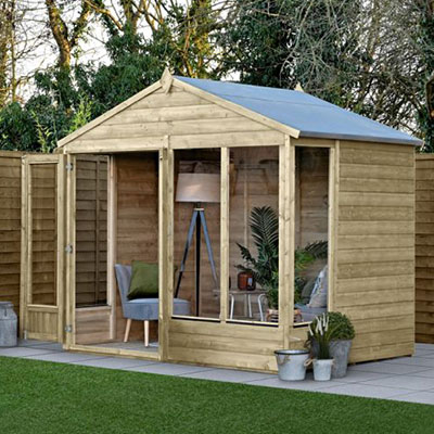 an 8x6 summerhouse with shiplap cladding, glazed double doors and large windows