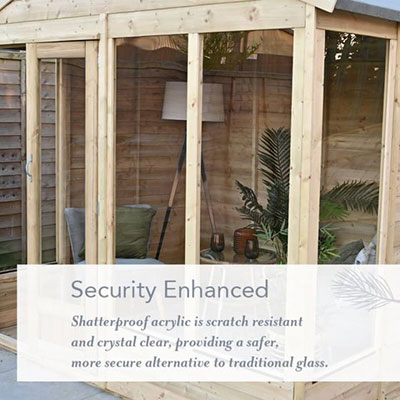 an image with written content showing a summerhouse with acrylic glazing