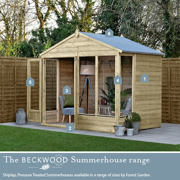 The Beckwood Summerhouse Range - Shiplap, Pressure Treated Summerhouses available in a range of sizes by Forest Garden