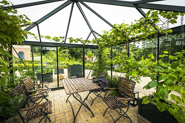 a conservatory filled with plants and greenery