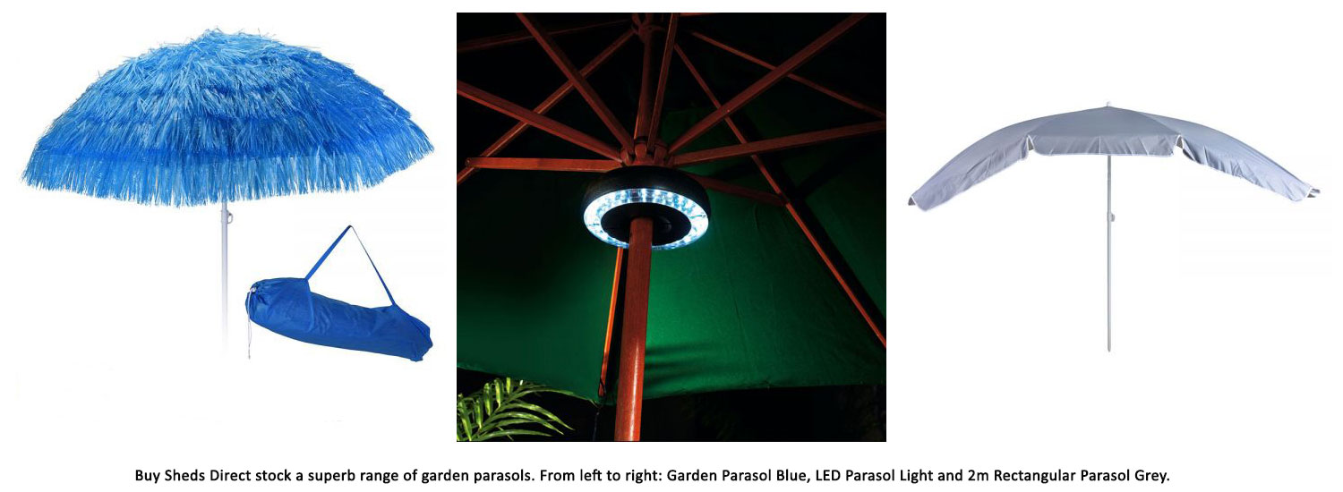 Garden-Parasol-Blue, LED Parasol Light and 2m Rectangular Parasol Grey 