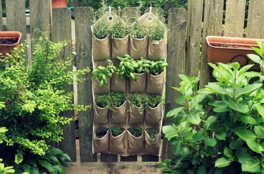 shoe organiser repurposed as a vertical gardening planter attached to a brown picket gate and filled with plants