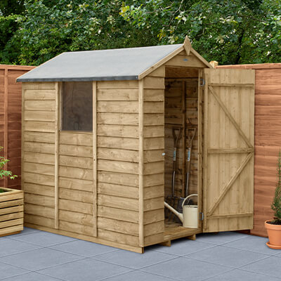 a 6x4 wooden shed with single door and 1 window