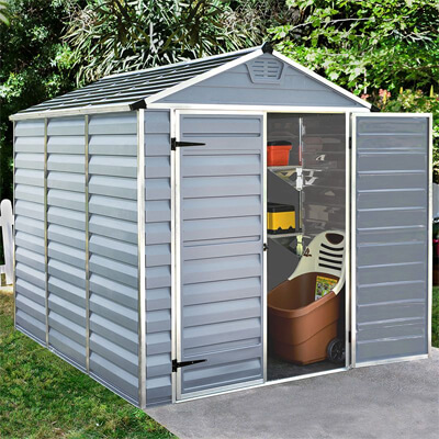 a grey 6x8 plastic shed with double doors