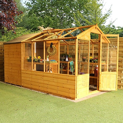 a wooden greenhouse combi shed with an open door and 1 open roof vent