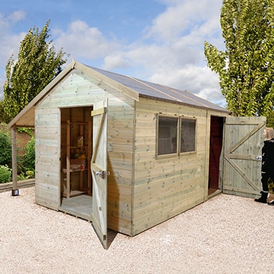 a wooden garden workshop with a log store, doors to the front and rear, and 2 fixed windows