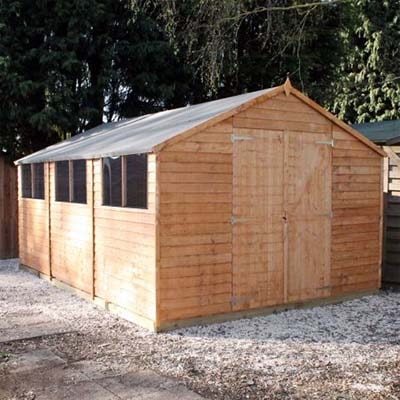 a 15x10 garden workshop with double doors and 6 fixed windows