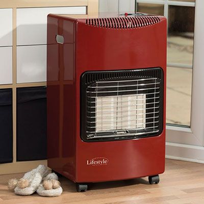 a red portable gas cabinet heater next to a pair of slippers