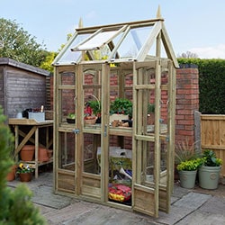 The 3x4 Forest Victorian Walkaround Greenhouse with Auto Vent, with door open, plants inside and situated on a patio.