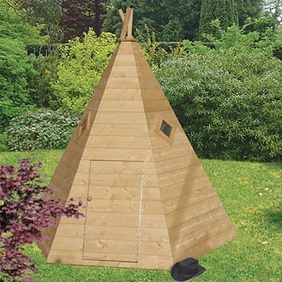 a wooden children's playhouse in the shape of a wigwam