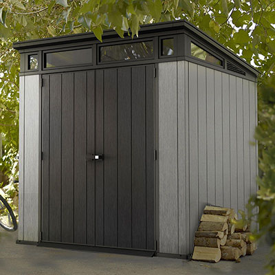 A taupe and brown plastic shed with brown double doors and high-level windows