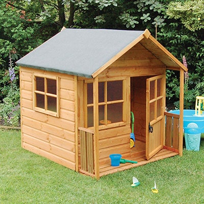 a wooden playhouse with a veranda, apex roof, 2 windows and a door