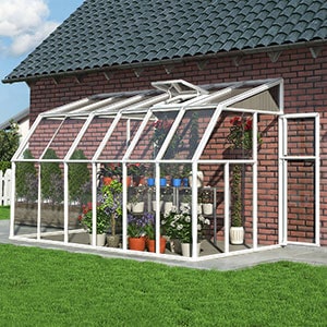 A white-framed lean-to greenhouse, positioned on a patio, in a July garden.