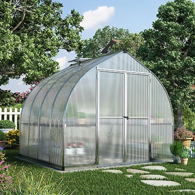an 8x8 polycarbonate greenhouse with an aluminium frame