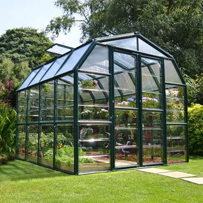 an 8x8 greenhouse with a green resin frame and a rounded roof