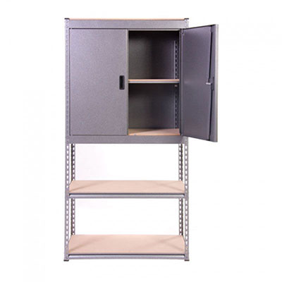 a steel storage unit consisting of a cupboard and shelves