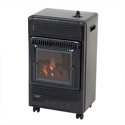 a black portable gas heater with a flame-effect display