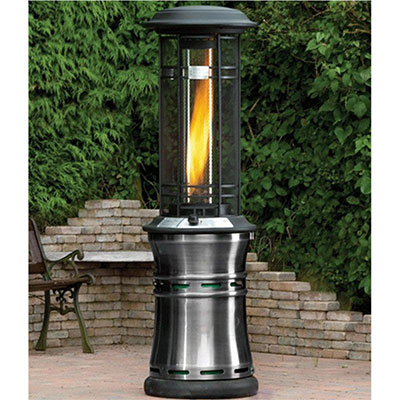 A large, cylindrical gas patio heater with a visible flame