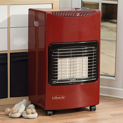 a red portable gas cabinet heater