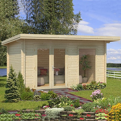 Small Palmako pent roof Log Cabin in a garden