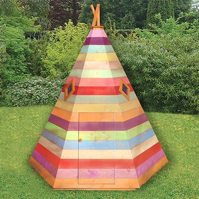 a wooden wigwam playhouse painted in stripes