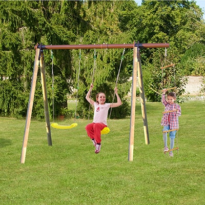 a garden double swing set with rope ladder