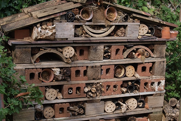 a bug hotel made from bricks, twigs and pots