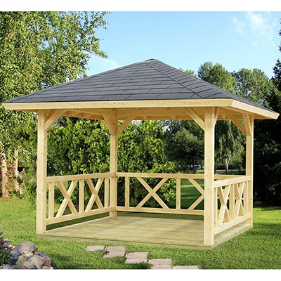 A pavilion-style, wooden gazebo, with a grey roof and ornate sides