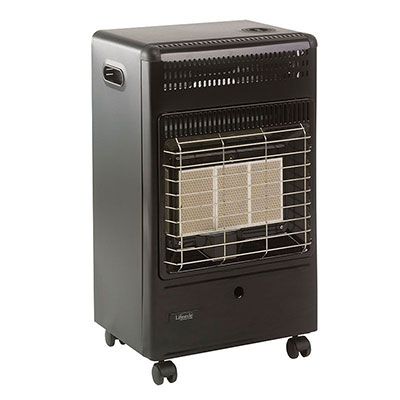 a black portable gas heater with 4 castors and a protective grill