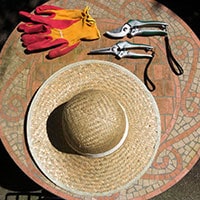 A straw hat, red and orange gardening gloves, and 2 pairs of secateurs.